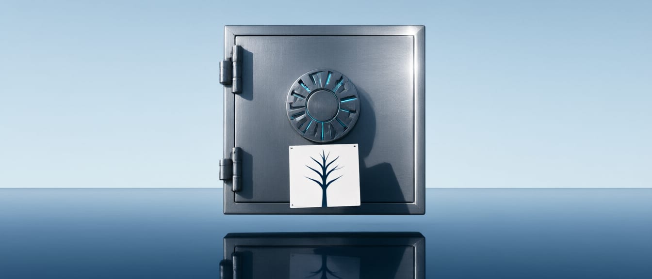 A brushed steel vault door in a pale ice sky, a paper key card casting a Merkle tree shadow