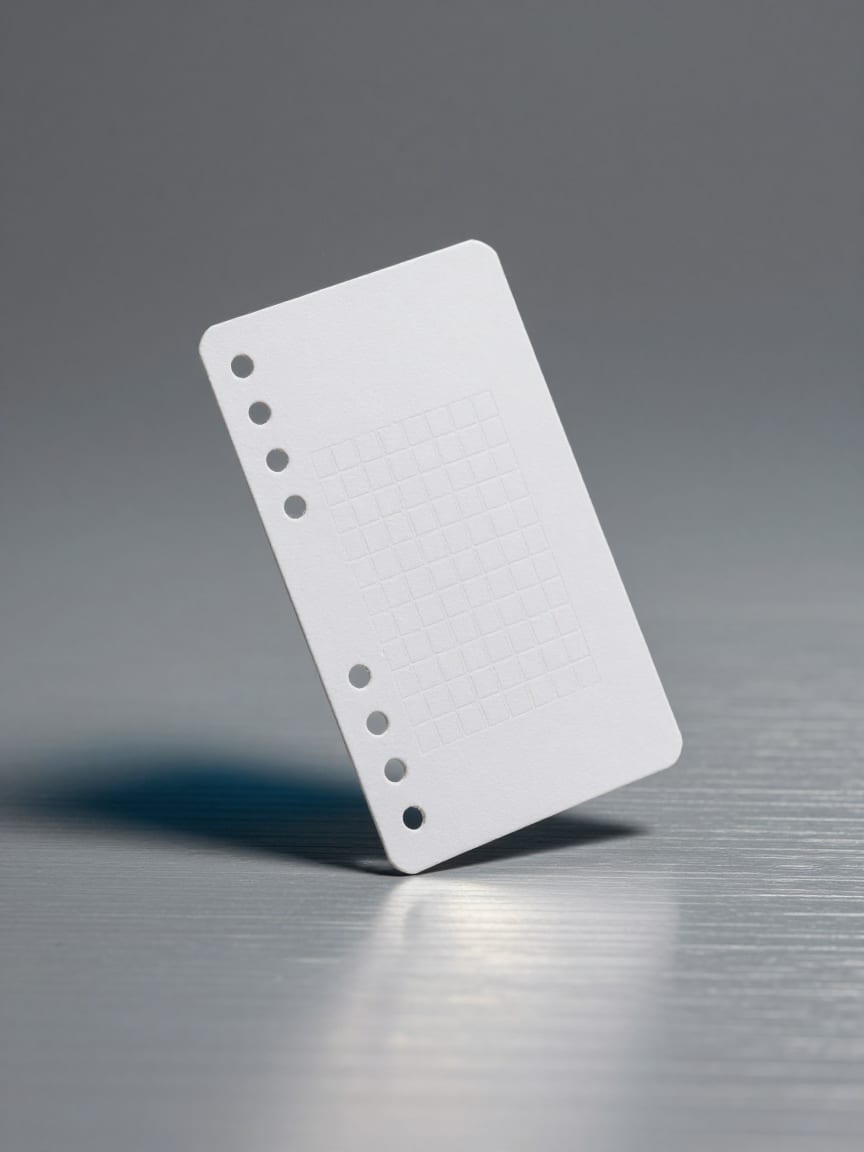 A white paper key card on a brushed silver ground